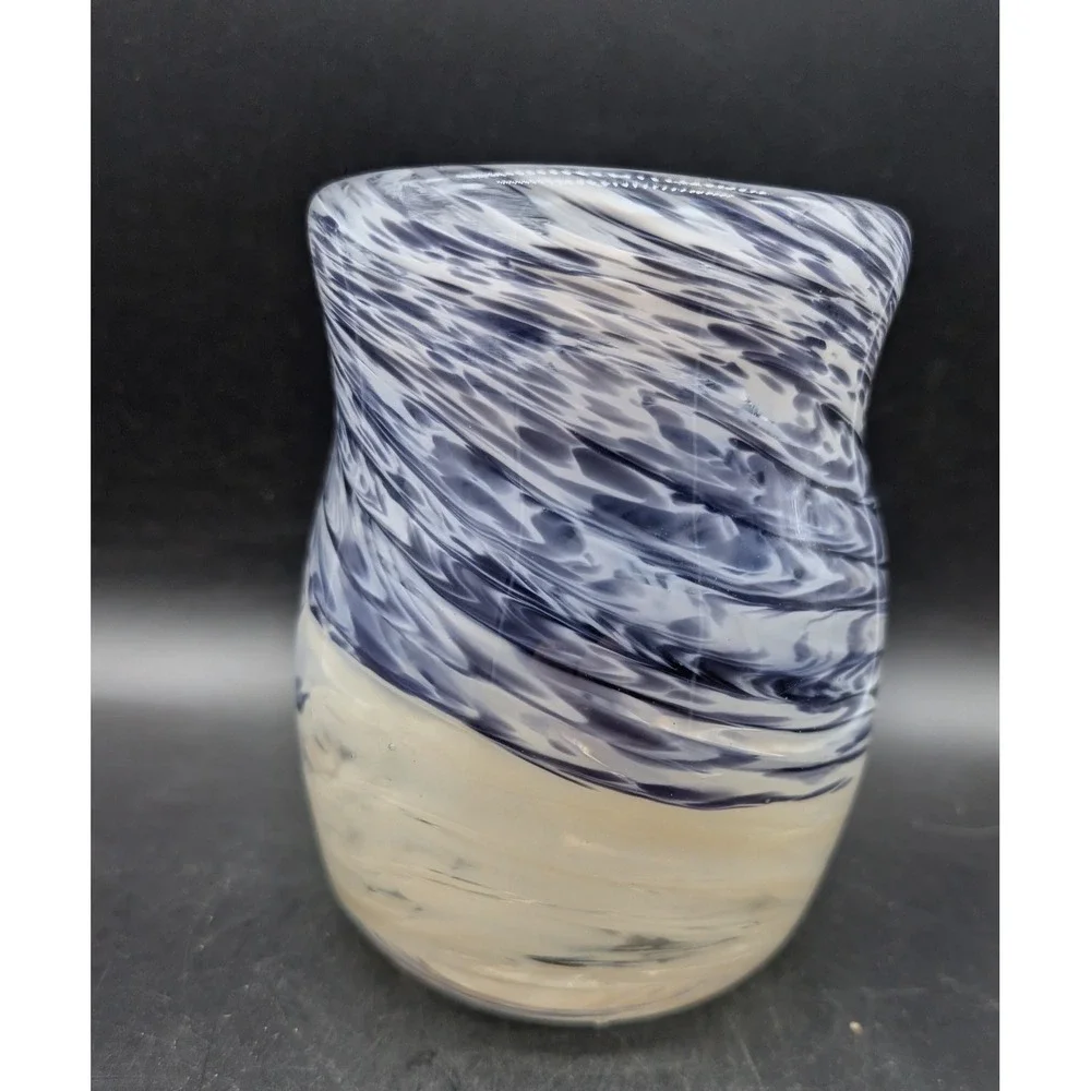 Hand Blown Art Glass Vase Navy Blue White Swirl Marbled Coastal Contemporary